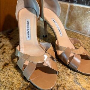 Manolo Blahnik Nude Strappy d’Orsay Heels Patent Leather Sandals Size 38.5 US 8